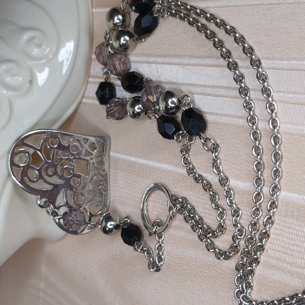 3/$15 Y Drop Heart Necklace Silver Tone Beaded Filagree Boho Jewelry